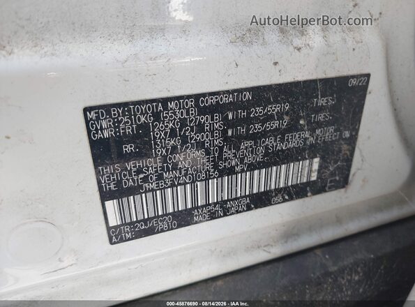 JTMEB3FV4ND108156 2022 TOYOTA RAV4 PRIME White Vista del compartimento del motor