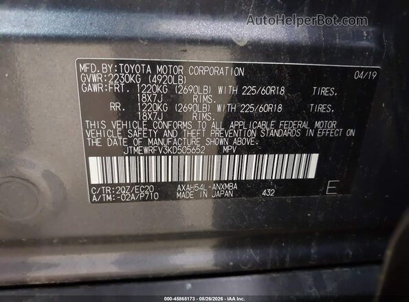 JTMEWRFV3KD505652 2019 TOYOTA RAV4 HYBRID Gray Вид підкапотного простору