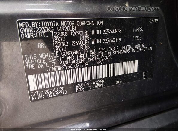 JTMEWRFV5KJ021709 2019 TOYOTA RAV4 HYBRID Gray Vista del compartimento del motor