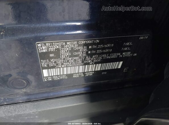JTMEWRFV8KD506599 2019 TOYOTA RAV4 HYBRID Dark Blue ძრავის განყოფილების ხედი