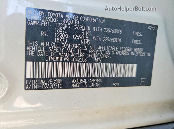JTMEWRFV9LJ042208 2020 TOYOTA RAV4 White Вид наклейки з VIN-кодом