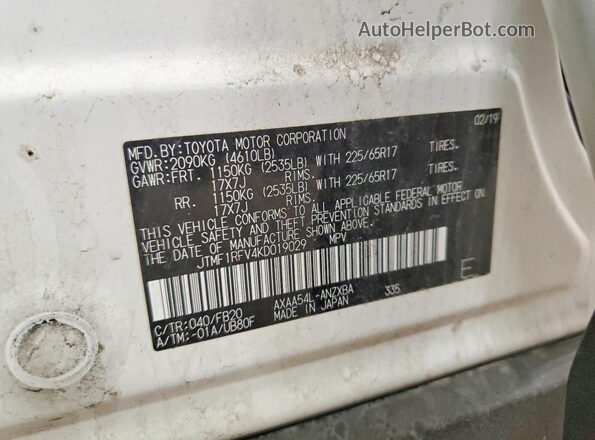 JTMF1RFV4KD019029 2019 TOYOTA RAV4 Белый Панорамный вид салона 360°