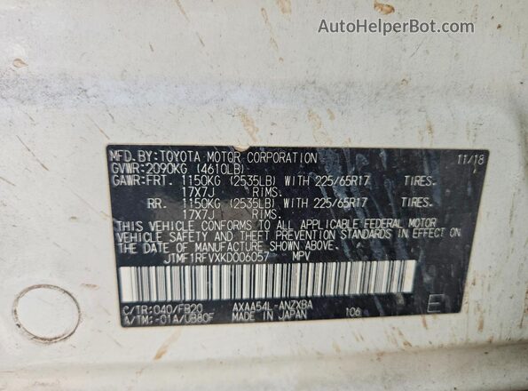 JTMF1RFVXKD006057 2019 TOYOTA RAV4 White Widok naklejki z numerem VIN