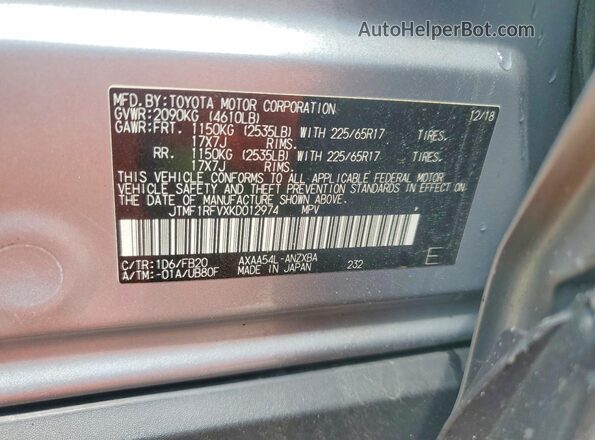 JTMF1RFVXKD012974 2019 TOYOTA RAV4 Silver Вид наклейки з VIN-кодом