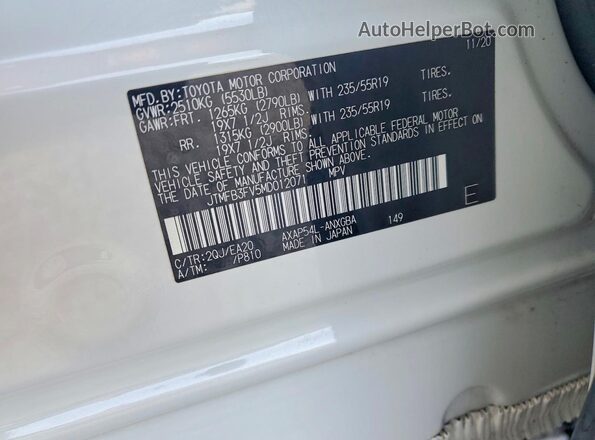 JTMFB3FV5MD012071 2021 TOYOTA RAV4 White Vista de la etiqueta del VIN