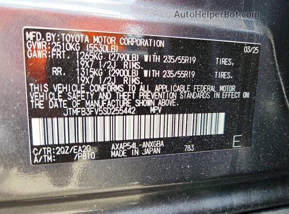JTMFB3FV5SD255442 2025 TOYOTA RAV4 Gray VIN կոդի պիտակի տեսք