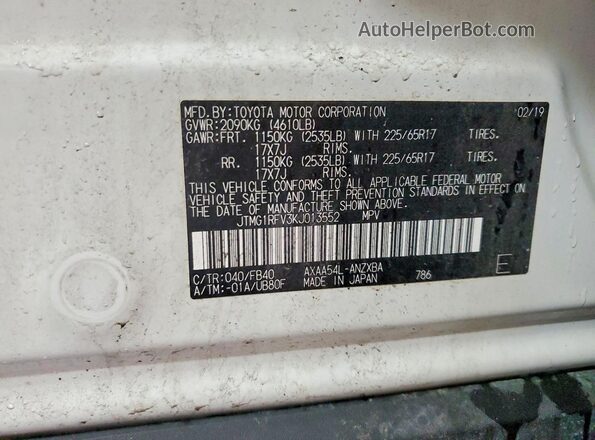 JTMG1RFV3KJ013552 2019 TOYOTA RAV4 White Vista de la etiqueta del VIN