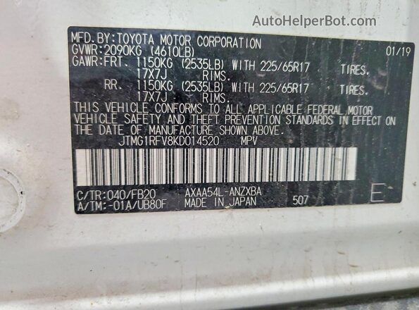 JTMG1RFV8KD014520 2019 TOYOTA RAV4 White Вид наклейки з VIN-кодом