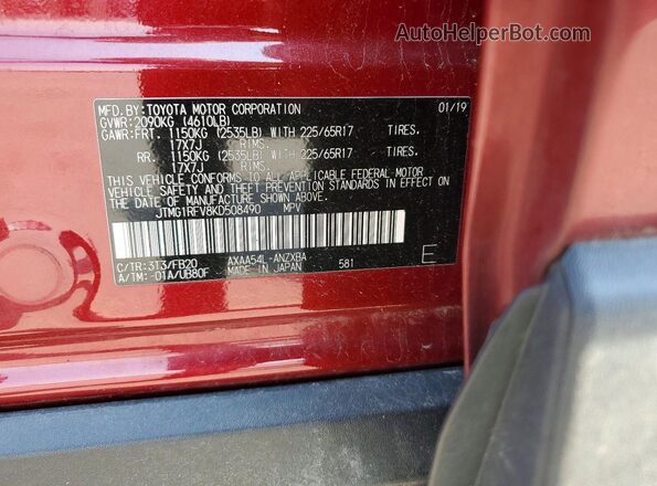 JTMG1RFV8KD508490 2019 TOYOTA RAV4 Red VIN կոդի պիտակի տեսք