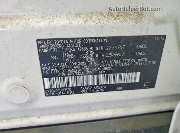JTMH1RFV2KD501359 2019 TOYOTA RAV4 White Вид наклейки з VIN-кодом