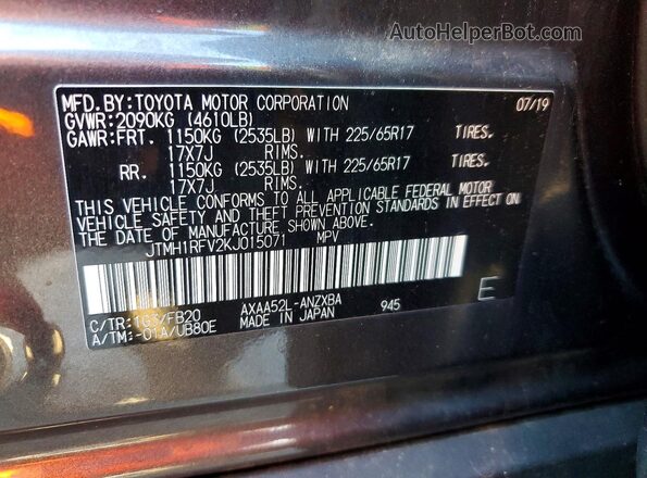 JTMH1RFV2KJ015071 2019 TOYOTA RAV4 Gray Widok naklejki z numerem VIN