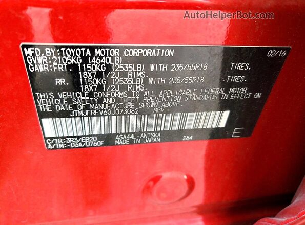 JTMJFREV6GJ073082 2016 TOYOTA RAV4 Red Widok naklejki z numerem VIN