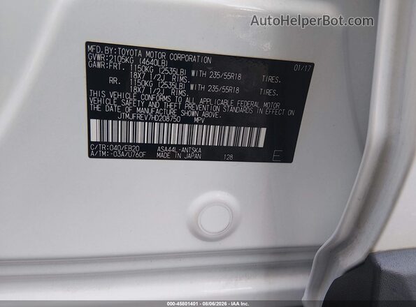 JTMJFREV7HD208750 2017 TOYOTA RAV4 White Widok komory silnika