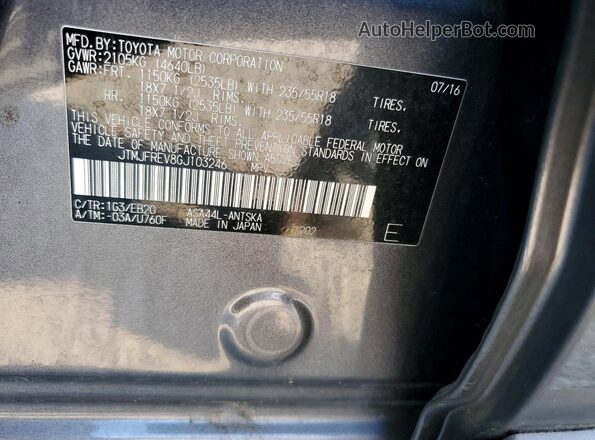JTMJFREV8GJ103246 2016 TOYOTA RAV4 Gray VIN sticker view