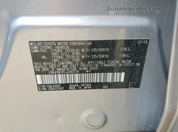 JTMJFREV9JJ240378 2018 TOYOTA RAV4 Silver VIN կոդի պիտակի տեսք