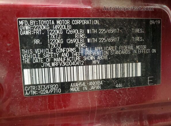 JTMLWRFV3KD040412 2019 TOYOTA RAV4 Red VIN կոդի պիտակի տեսք