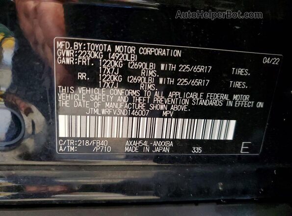 JTMLWRFV3ND146007 2022 TOYOTA RAV4 Black VIN կոդի պիտակի տեսք