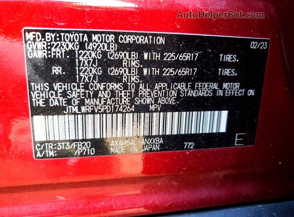 JTMLWRFV5PD174264 2023 TOYOTA RAV4 Red VIN sticker view