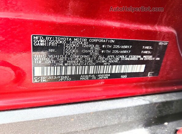 JTMLWRFV6ND141609 2022 TOYOTA RAV4 Maroon Widok wnętrza 360 stopni