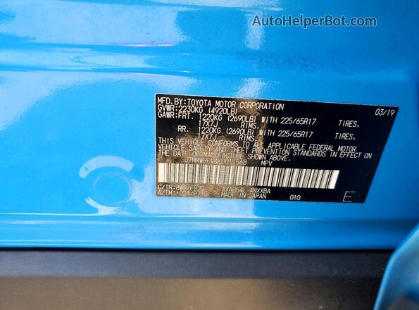 JTMMWRFV4KD011568 2019 TOYOTA RAV4 Blue Widok naklejki z numerem VIN