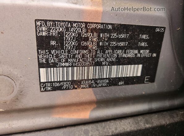 JTMMWRFV4SD308517 2025 TOYOTA RAV4 Silver VIN sticker view