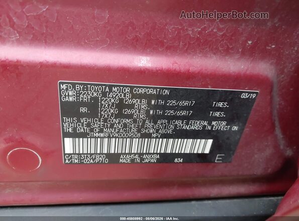 JTMMWRFV9KD009508 2019 TOYOTA RAV4 Red Շարժիչի բաժամունքի տեսք