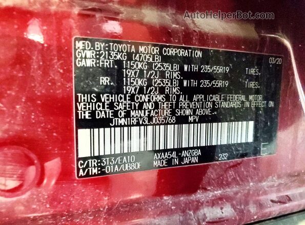 JTMN1RFV3LJ035768 2020 TOYOTA RAV4 Maroon VIN sticker view