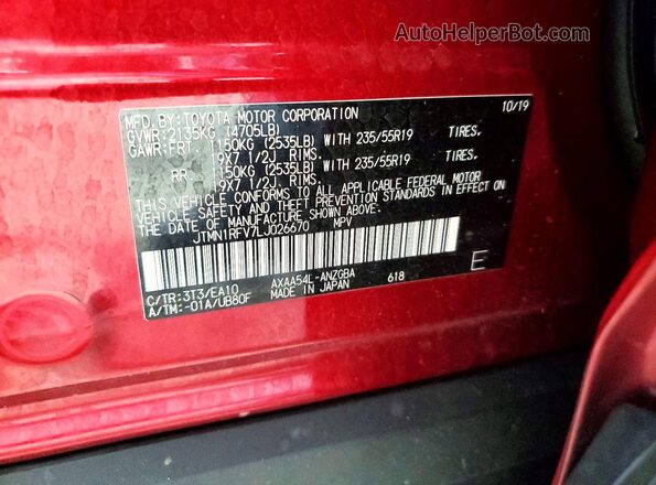 JTMN1RFV7LJ026670 2020 TOYOTA RAV4 Red VIN sticker view