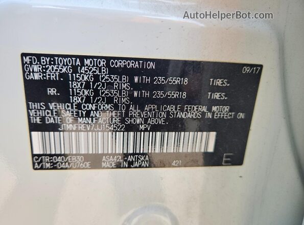 JTMNFREV7JJ154522 2018 TOYOTA RAV4 White Vista de la etiqueta del VIN