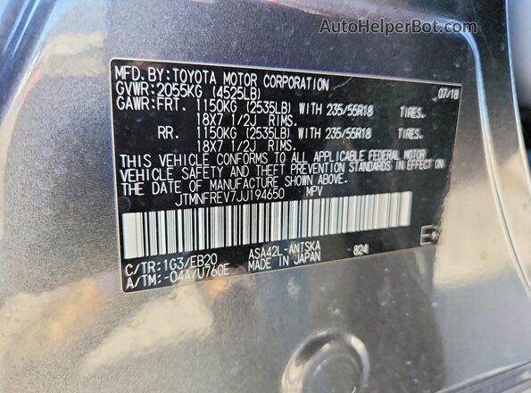 JTMNFREV7JJ194650 2018 TOYOTA RAV4 Gray Widok wnętrza 360 stopni