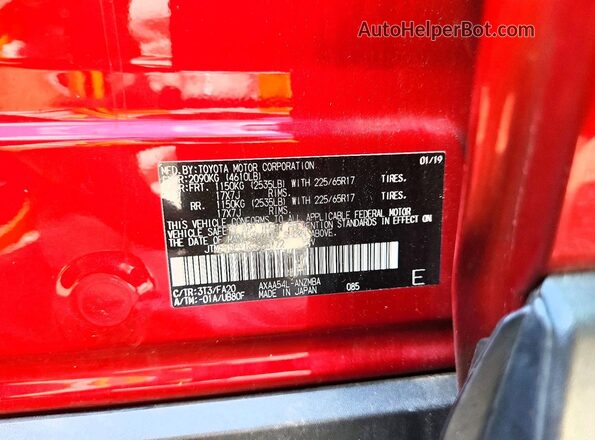 JTMP1RFV1KJ008172 2019 TOYOTA RAV4 Red VIN կոդի պիտակի տեսք