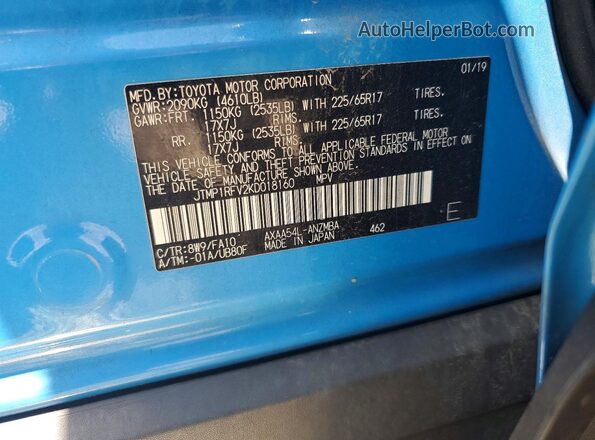 JTMP1RFV2KD018160 2019 TOYOTA RAV4 Blue VIN კოდის სტიკერის ხედი