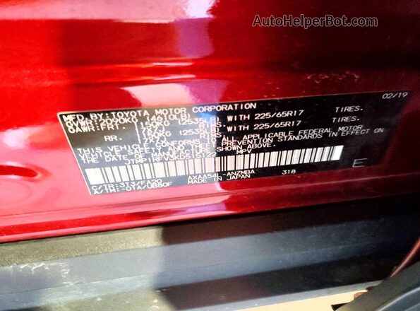 JTMP1RFV3KD515122 2019 TOYOTA RAV4 Burgundy Вид наклейки з VIN-кодом