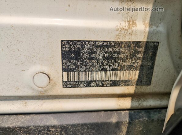 JTMP1RFV4KD033579 2019 TOYOTA RAV4 White VIN კოდის სტიკერის ხედი