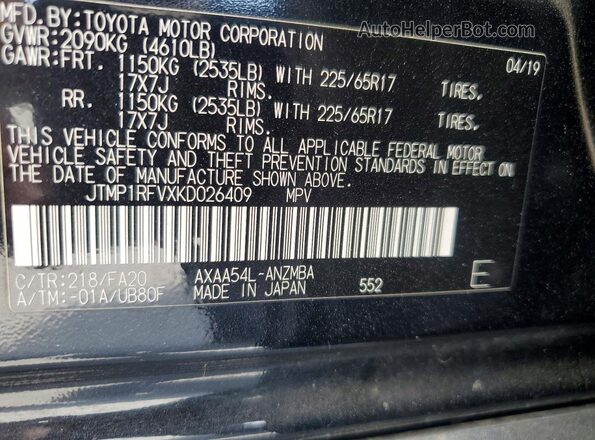 JTMP1RFVXKD026409 2019 TOYOTA RAV4 Black Vista de la etiqueta del VIN