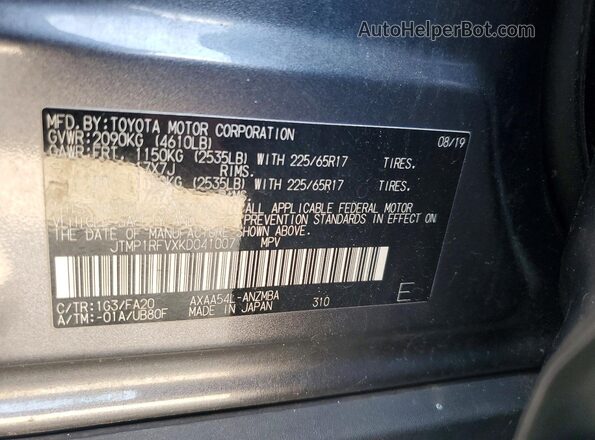 JTMP1RFVXKD041007 2019 TOYOTA RAV4 Gray VIN sticker view