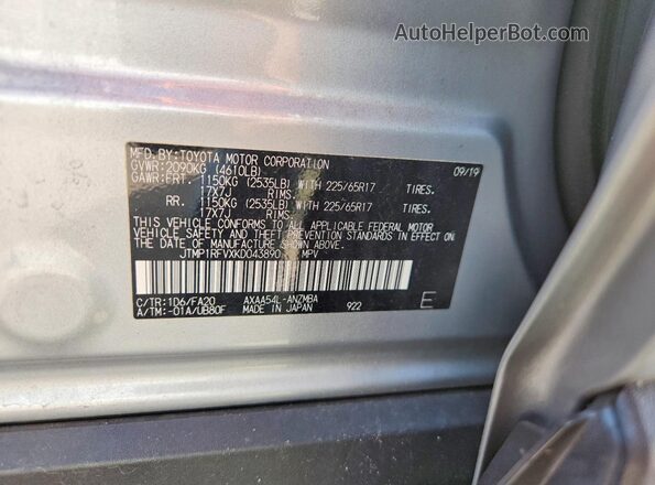 JTMP1RFVXKD043890 2019 TOYOTA RAV4 Silver Widok naklejki z numerem VIN