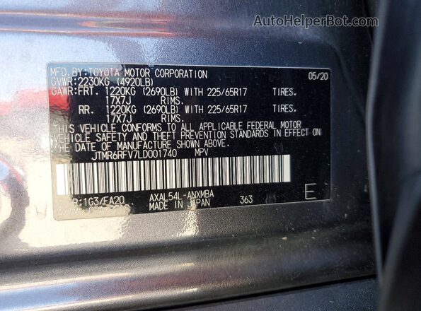 JTMR6RFV7LD001740 2020 TOYOTA RAV4 Угольный Панорамный вид салона 360°