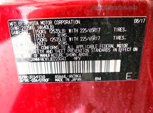 JTMRFREV1JD223043 2018 TOYOTA RAV4 Red Vista interior de 360 grados