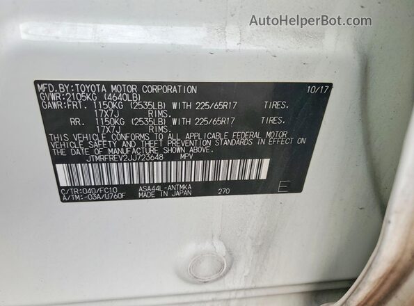 JTMRFREV2JJ723648 2018 TOYOTA RAV4 White VIN sticker view