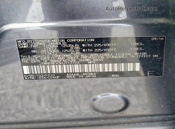 JTMRFREV3HJ117723 2017 TOYOTA RAV4 Gray VIN sticker view