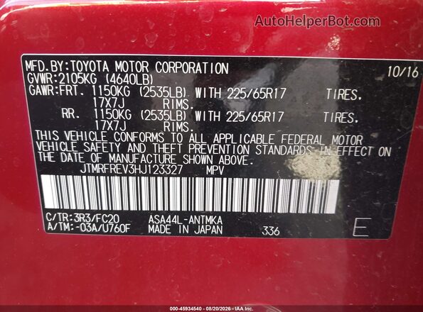 JTMRFREV3HJ123327 2017 TOYOTA RAV4 Red Widok komory silnika
