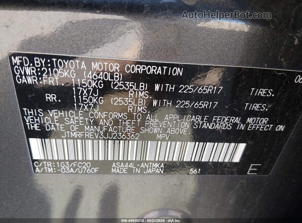 JTMRFREV3JJ236362 2018 TOYOTA RAV4 Gray Շարժիչի բաժամունքի տեսք