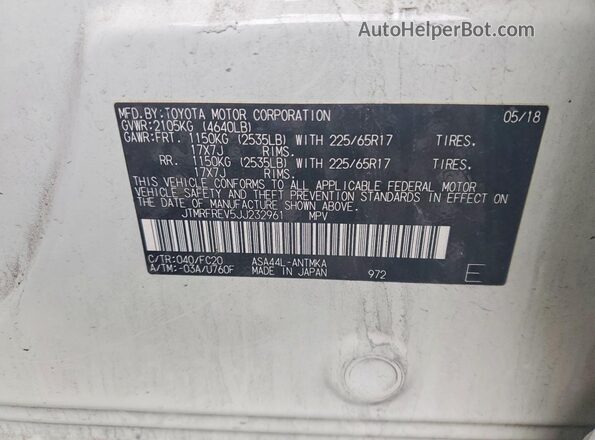 JTMRFREV5JJ232961 2018 TOYOTA RAV4 Белый Вид наклейки с VIN-кодом