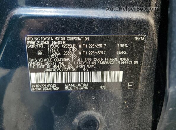 JTMRFREV5JJ237108 2018 TOYOTA RAV4 Blue Vista de la etiqueta del VIN