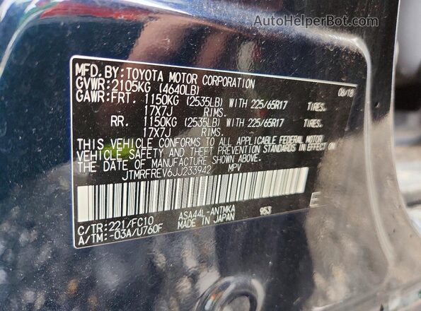 JTMRFREV6JJ233942 2018 TOYOTA RAV4 Blue Вид наклейки з VIN-кодом