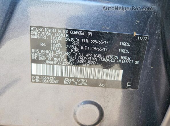 JTMRFREV7JD228151 2018 TOYOTA RAV4 Серый Вид наклейки с VIN-кодом