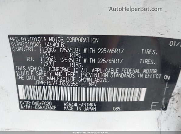 JTMRFREV7JD232555 2018 TOYOTA RAV4 White Շարժիչի բաժամունքի տեսք
