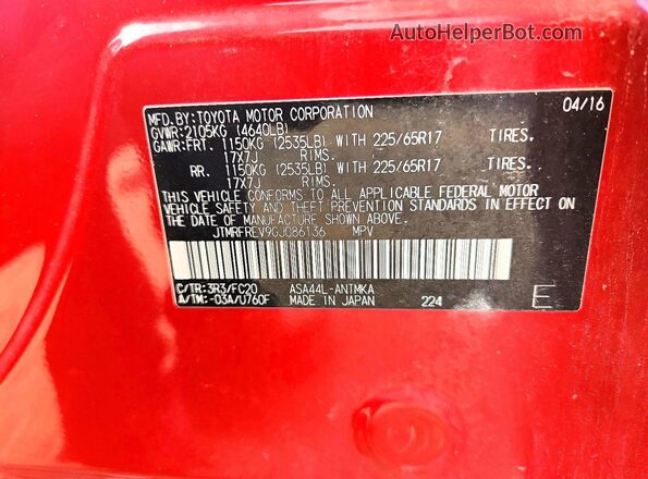 JTMRFREV9GJ086136 2016 TOYOTA RAV4 Red Vista de la etiqueta del VIN