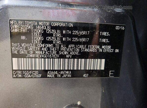 JTMRFREVXGD187829 2016 TOYOTA RAV4 Charcoal Вид наклейки з VIN-кодом